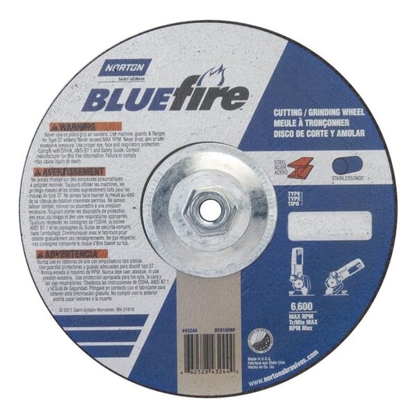 Norton Co Grinding Wheel, Depressed Center, Type 27 - Zirconia Alumina, 9 x 1/8 x 5/8-11, Max RPM: 6600 662528-43244 - main